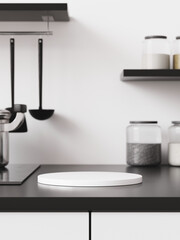 3d ceramic display podium with on counter bar with electric stove, pot, glass jars and shelf against white wall. 3d rendering of realistic presentation for product advertising. 3d illustration.