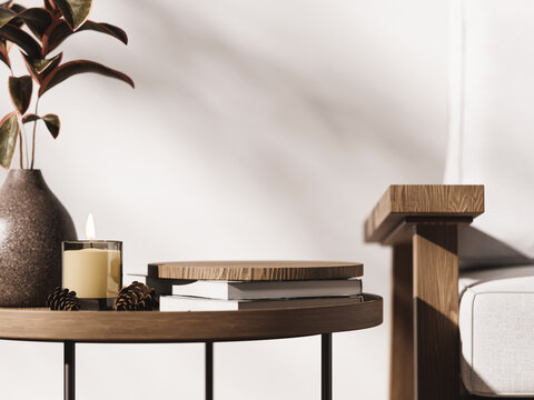 3d wooden display podium and home decoration on coffee table with white armchair against white wall. 3d interior illustration.