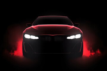 Plakat Front view dark silhouette of a modern luxury red car isolated on dark background with red neon light and smoke. Created with Generative AI Technology