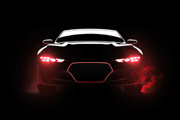 Fototapeta na wymiar Front view dark silhouette of a modern luxury red car isolated on dark background with red neon light and smoke. Created with Generative AI Technology