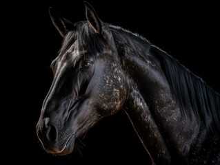 Fototapeta na wymiar Tête de cheval noir sur fond noir