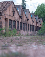 Abandoned factory with sawtooth-shaped roofs and barred windows. Dilapidated and overgrown, highlighting the passage of time. Eerie beauty captures the mystery of industrial decay.