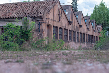 Abandoned factory with sawtooth-shaped roofs and barred windows. Dilapidated and overgrown, highlighting the passage of time. Eerie beauty captures the mystery of industrial decay.