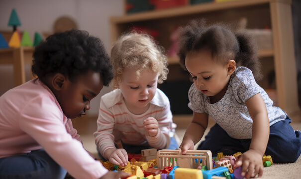 Preschool multiethnic kids enjoying learning at kindergarten. Generative AI illustration.