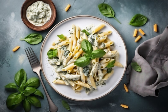 penne with spinach gorgonzola sauce top view, generativ ai