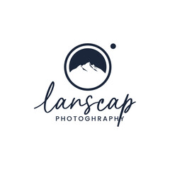 The logo illustration depicts a mountain view inside the camera lens. This logo is suitable for use as a photography logo.