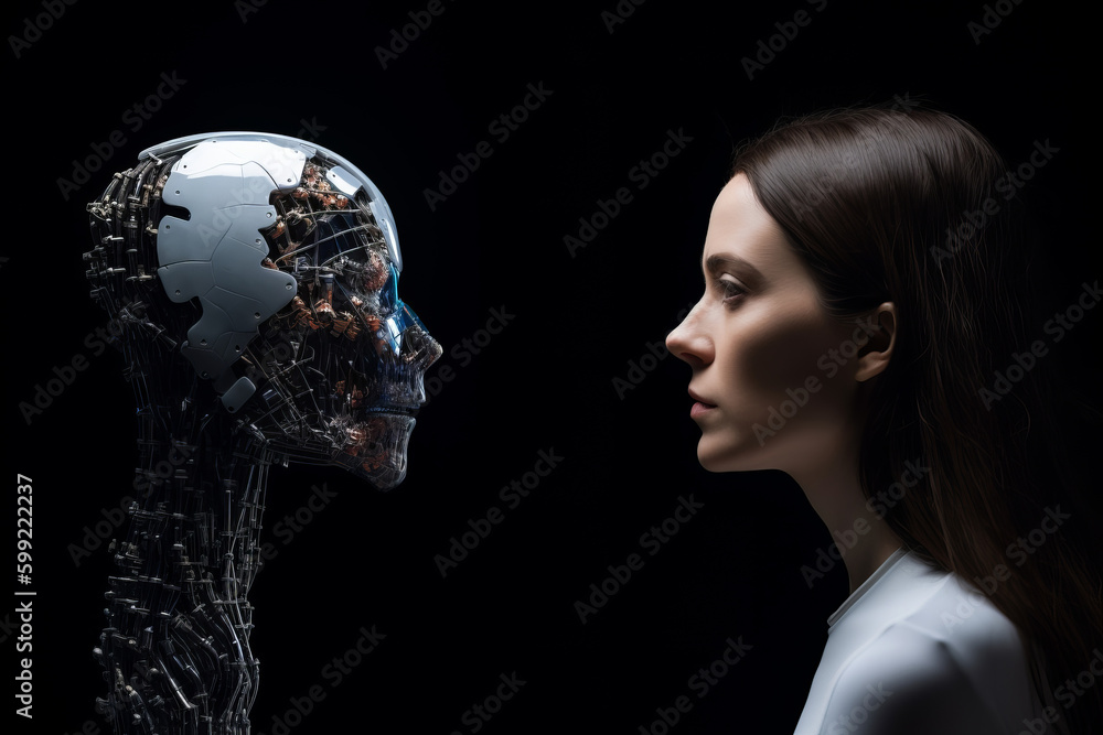 Aufkleber person looking at a robotic artificial intelligence version of themselves. deep fake. generative ai