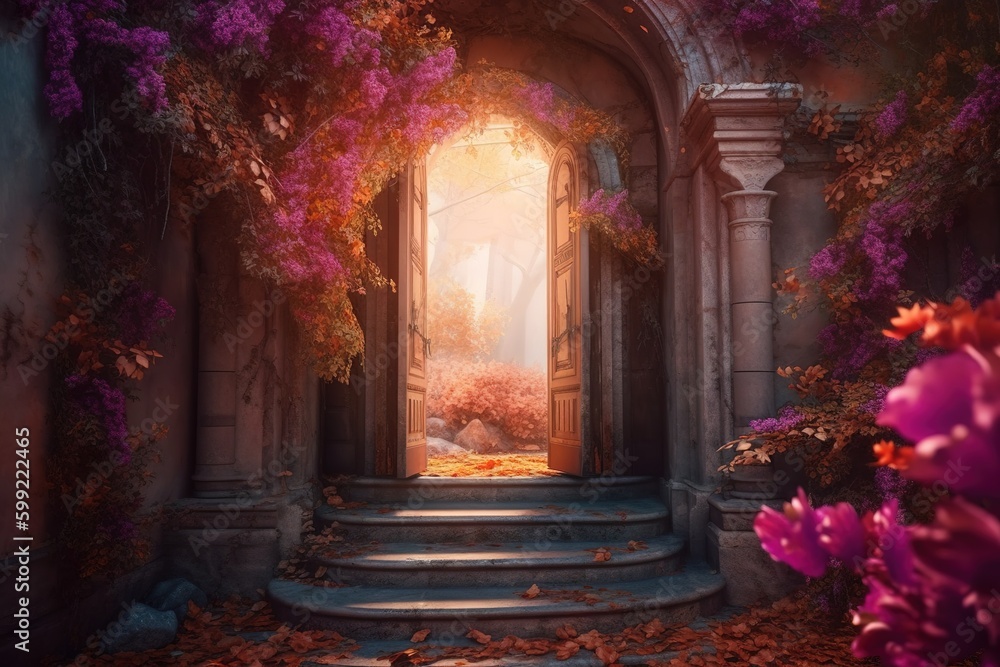 Poster a picture of a gateway that leads into the woods as an example Generative AI