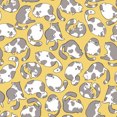 Fototapeta premium Funny cats in sketch style with one line spots. Vector seamless pattern. Hand-drawn cartoon animal characters in different poses. The limited pastel palette is perfect for print, textile, packaging.
