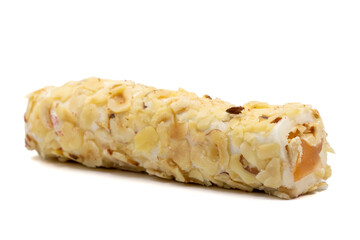 Turkish Delight with Hazelnut. Turkish delight with hazelnuts with cream filling, isolated on a white background