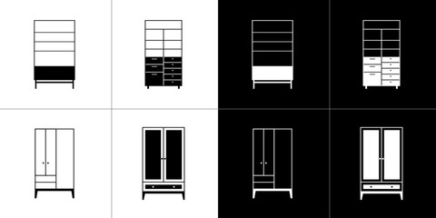 Wardrobe icons set. Black and white icons on black and white background