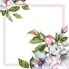 Square flower frame. Spring flowering branches of wild rose, apple flowers. Festive composition. Hand drawn watercolor illustration isolated on white background for wedding invitations, cards, banner.
