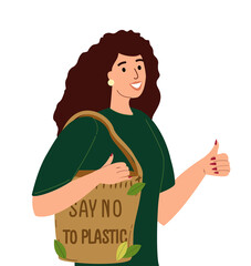 Happy Woman using Textile environmentally friendly reusable shopping bag or eco shopper with lettering Say No To Plastic Bags handwritten with modern funky font on it.Flat vector illustration isolated