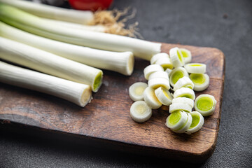 leeks cut into pieces fresh vegetable healthy meal food snack on the table copy space food background rustic top view keto or paleo diet veggie vegan or vegetarian food