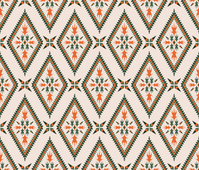 Ethnic folk geometric seamless pattern in orange and green vector illustration design for fabric, mat, carpet, scarf, wrapping paper, tile and more