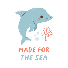 Sea life lettering quote decorated with cute cartoon doodles. Sea poster, print, card, kids apparel decor, sticker.