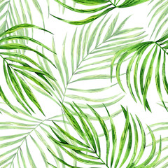 Tropical palm leaves seamless pattern. Watercolor exotic illustration. Botanical endless background. Perfect for wrapping, fabric, textile, scrapbooking, digital paper, packaging