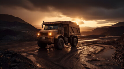 Fototapeta na wymiar Mining truck working in a quarry at sunset. Generative AI