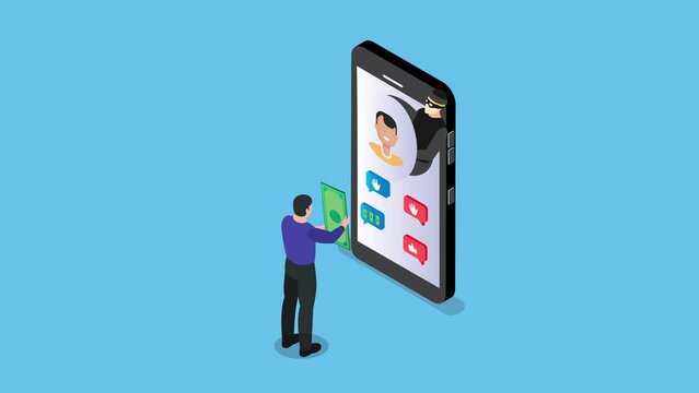 Man on the phone screen and the scammer stealing money