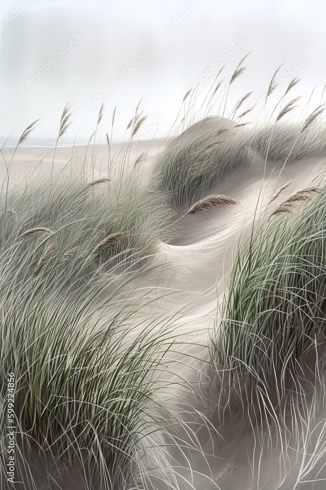 Poster a picture depicting a beach with grass and sand dunes in it generative ai