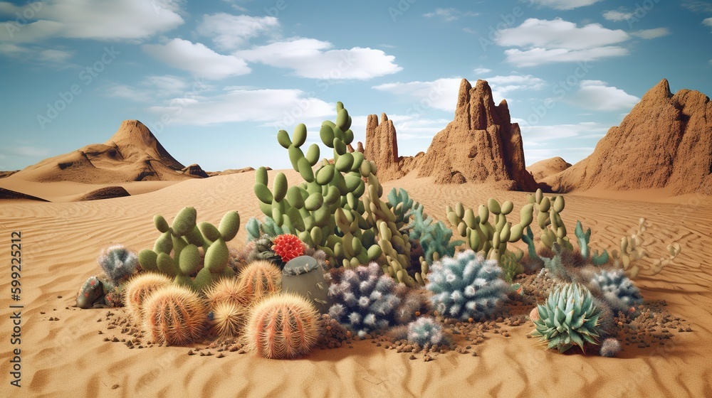 Poster a picture of the desert with many different kinds of cacti. generative ai