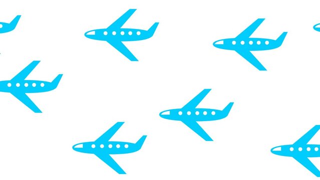 Animated many blue airplanes flying in the sky from right to left. Symbol of plane. Concept of travel. Looped video. Flat vector illustration on white background.