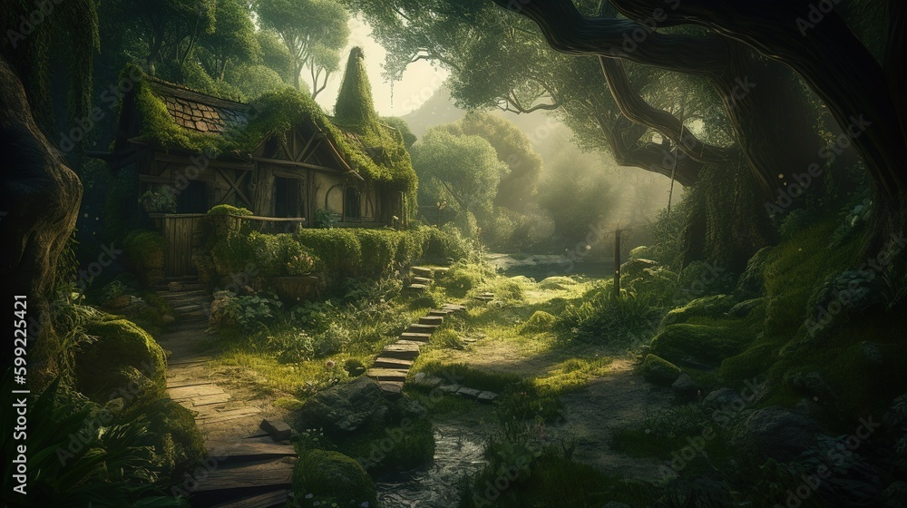Poster a picture of a home set in the middle of a forest generative ai