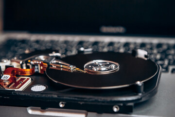 Computer disassembled HDD hard drive data disc SSD, backup part of the PC or laptop. Recovery,...