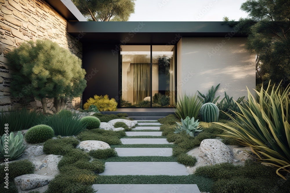 Poster a home that has a cobblestone walkway that leads up to the front entrance generative ai