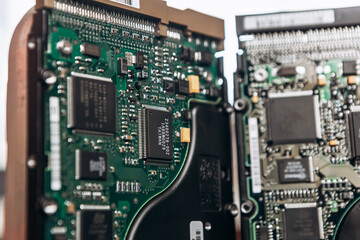 Computer disassembled HDD hard drive data disc SSD, backup part of the PC or laptop. Recovery, fixing technology maintenance work, access file. Engineer profession repairman
