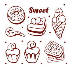 Vector set of sweets in line style. Donut, pie, waffle, cupcake, ice cream and lollipop.