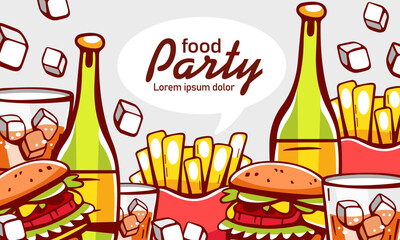 Vector illustration and lettering Food for the party. Wine, cocktail, french fries, cheeseburger, ice.