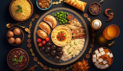Arabic Cuisine: Middle Eastern Traditional Lunch. This is also Ramadan Iftar. View from above