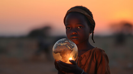 Young African girl holding an illuminated Earth Globe with African continent facing camera. Generative Ai.