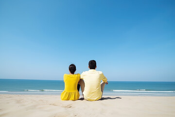 Fototapeta premium a couple sitting on a beach. sweet couple happy relax enjoy love and romantic moment
