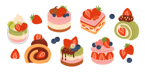 Fototapeta na wymiar Cute strawberry dessert flat vector. Set of delicious sweets and desserts with strawberry flavor for Valentine day