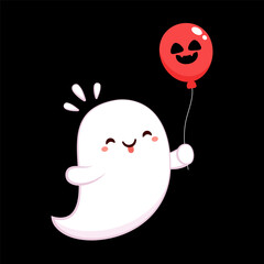 Cute ghost floating for Trick or Treat. Funny spooky boo character. Spook phantom with happy smiling face expression. Isolated kids flat vector illustration. Halloween balloon vector.