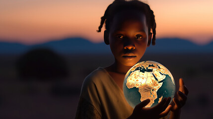 Young African girl holding an illuminated Earth Globe with African continent facing camera. Generative Ai.