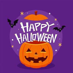 Happy halloween greeting card with cute pumpkin. Holidays cartoon character. Halloween pumpkin head vector.