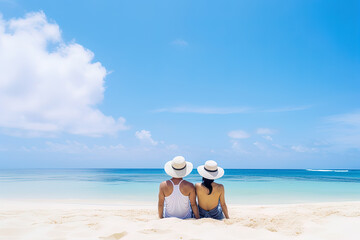 Fototapeta na wymiar a couple sitting on a beach. sweet couple happy relax enjoy love and romantic moment