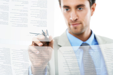 Transparent contract. A business professional signing a contract on a digital interface.