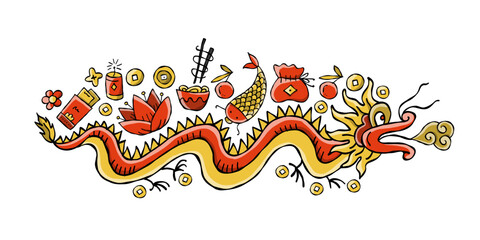 Chinese new year holiday symbol. Art dragon with gifts for your design