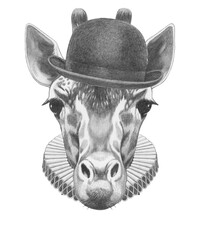 Portrat of Giraffe with Elizabethan Collar and Bowler Hat. Hand-drawn illustration