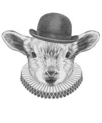 Portrat of Lamb with Elizabethan Collar and Bowler Hat. Hand-drawn illustration