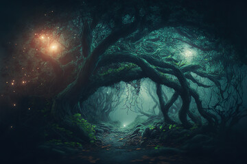 A path in the dark forest along the old scary curved trees - obrazy, fototapety, plakaty