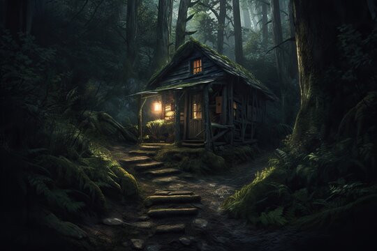 Old house is a hut in the forest. Eerie forest is a lonely shack covered with moss, the windows glow in the evening at dusk