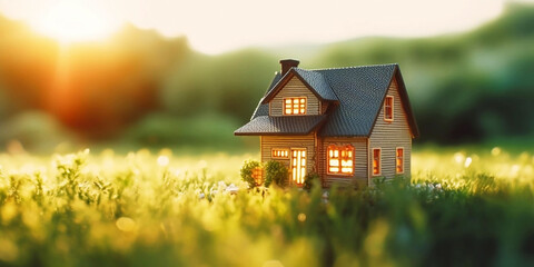House Model on Grass with Blurred Background: Investment Concept, Finance, Growth, and Financial Planning
