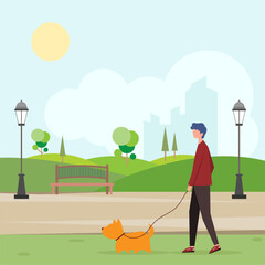 A man walks in the park on a summer day with his dog.