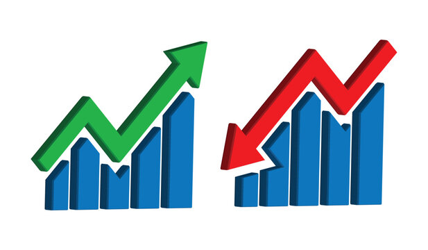3d Graph going Up and Down sign with green and red arrows vector. 3D vector illustration concept of sales blue bar chart symbol icon with arrow moving down and sales bar chart with arrow moving up.