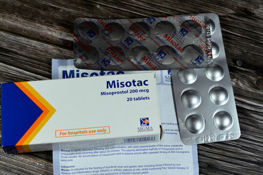 Cairo, Egypt, May 3 2023: Misotac 200 mcg tablets by Sigma for hospital use only contains Misoprostol, a synthetic prostaglandin treat stomach, duodenal ulcer, induce labor, cause an abortion